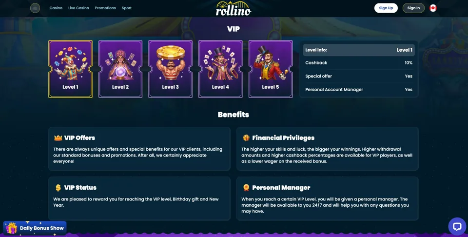 The Rollino VIP levels screen